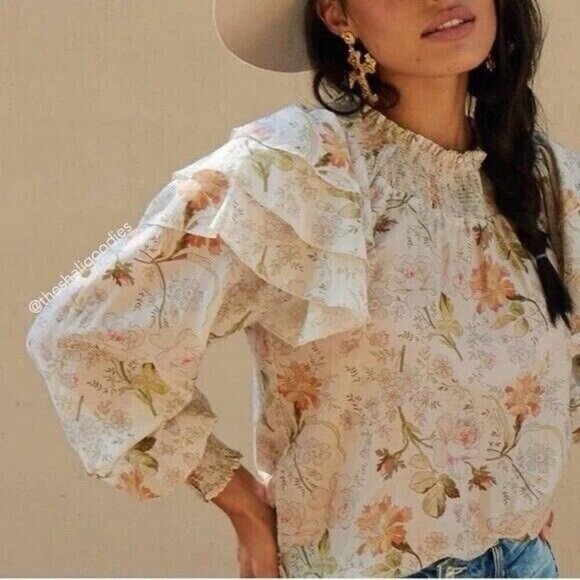 V. CHAPMAN Lucca Top Floral Ruffle Long Sleeve Cotton Silk Blouse Top Size 0 - Picture 1 of 10